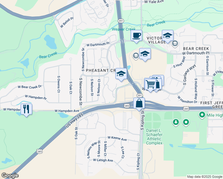 map of restaurants, bars, coffee shops, grocery stores, and more near 10321 West Girton Drive in Lakewood