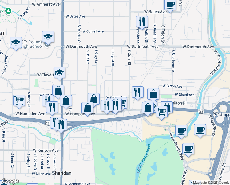map of restaurants, bars, coffee shops, grocery stores, and more near 3380 South Bryant Street in Englewood