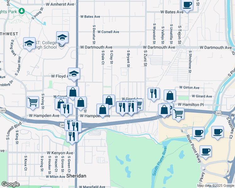 map of restaurants, bars, coffee shops, grocery stores, and more near 3345 South Canosa Court in Englewood