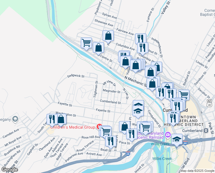 map of restaurants, bars, coffee shops, grocery stores, and more near 308 Schley Street in Cumberland