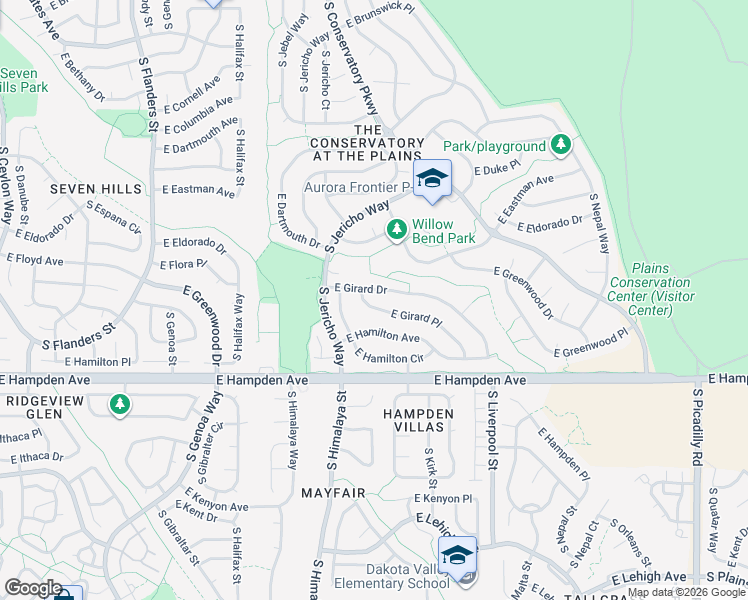 map of restaurants, bars, coffee shops, grocery stores, and more near 20504 East Girard Place in Aurora