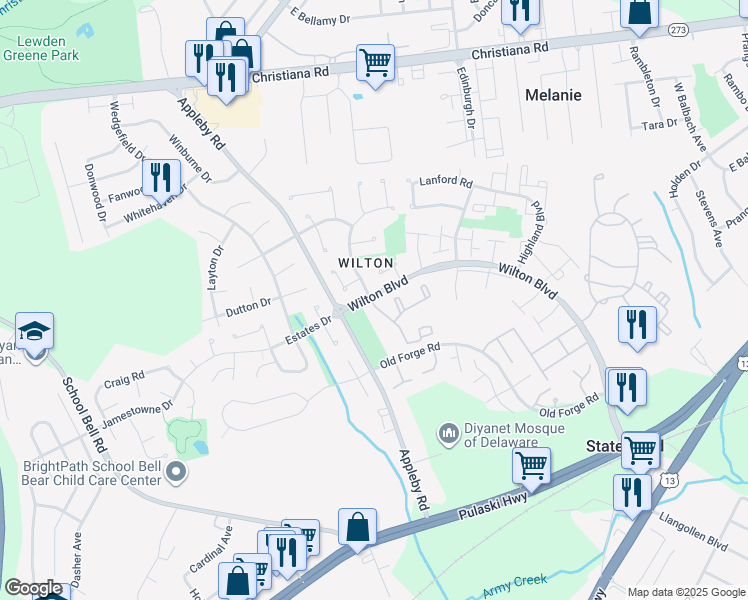 map of restaurants, bars, coffee shops, grocery stores, and more near 403 Ashton Lane in New Castle