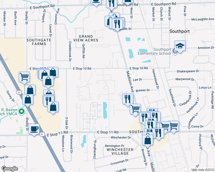 map of restaurants, bars, coffee shops, grocery stores, and more near 7626 Portage Avenue in Indianapolis