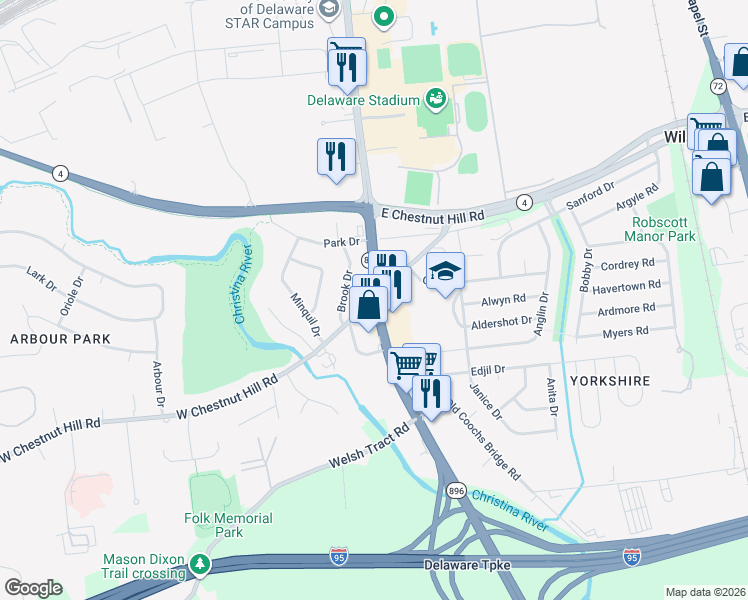 map of restaurants, bars, coffee shops, grocery stores, and more near 15 West Chestnut Hill Road in Newark