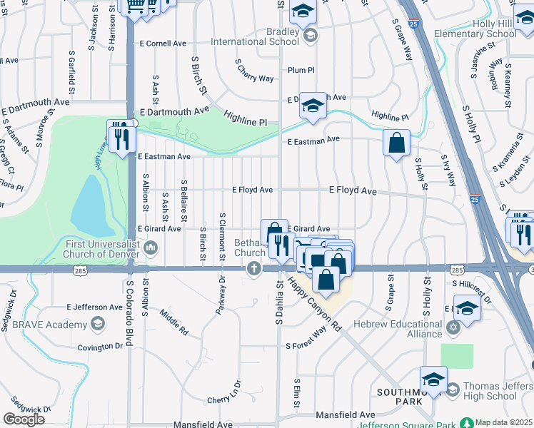 map of restaurants, bars, coffee shops, grocery stores, and more near 3360 South Dexter Street in Denver