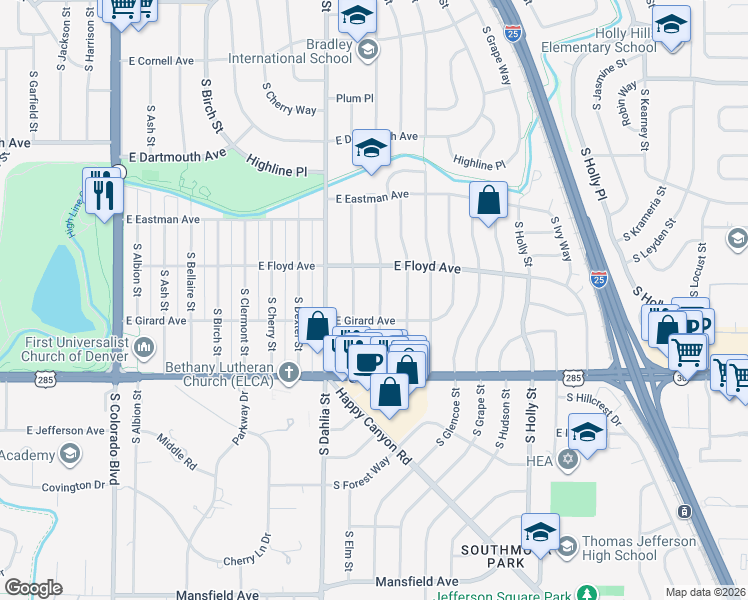 map of restaurants, bars, coffee shops, grocery stores, and more near 3361 South Elm Street in Denver