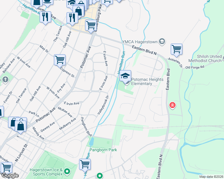 map of restaurants, bars, coffee shops, grocery stores, and more near 208 Brookside Terrace in Hagerstown