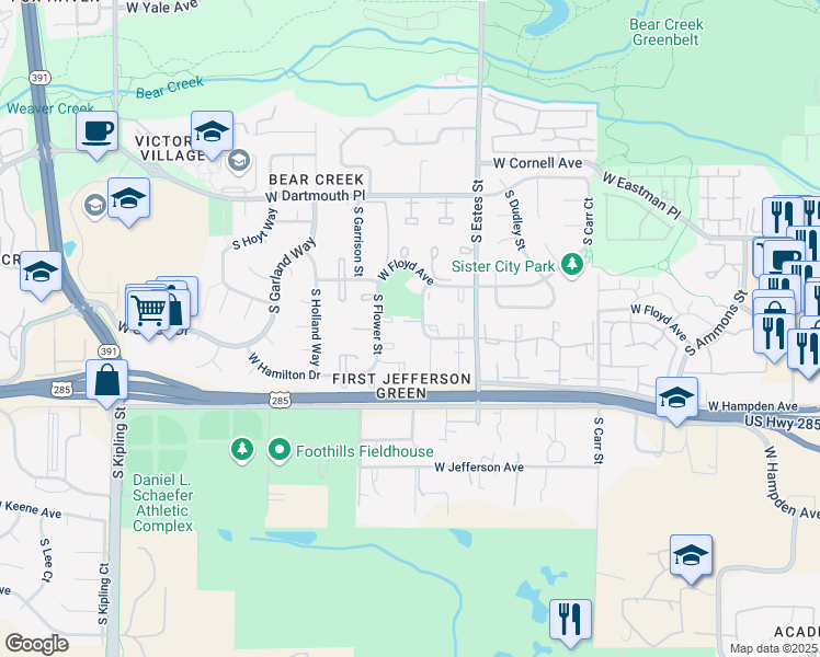 map of restaurants, bars, coffee shops, grocery stores, and more near 3324 South Field Street in Lakewood