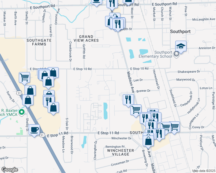 map of restaurants, bars, coffee shops, grocery stores, and more near 7629 Portage Avenue in Indianapolis