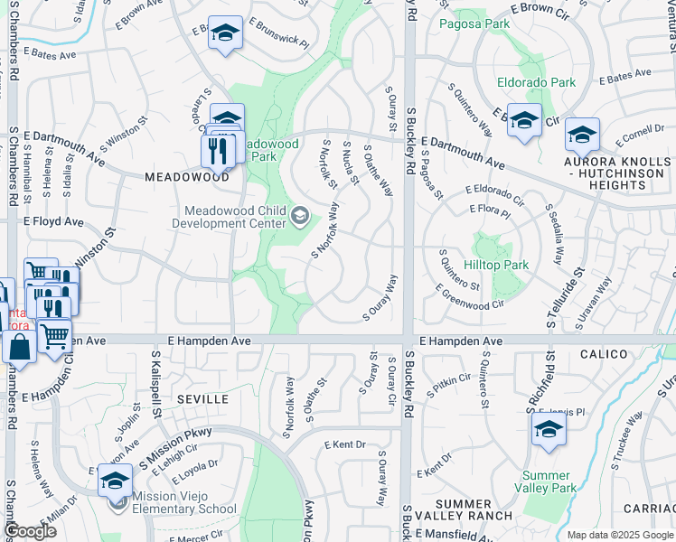 map of restaurants, bars, coffee shops, grocery stores, and more near 3397 South Nucla Way in Aurora