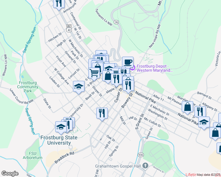 map of restaurants, bars, coffee shops, grocery stores, and more near 37 Maple Street in Frostburg
