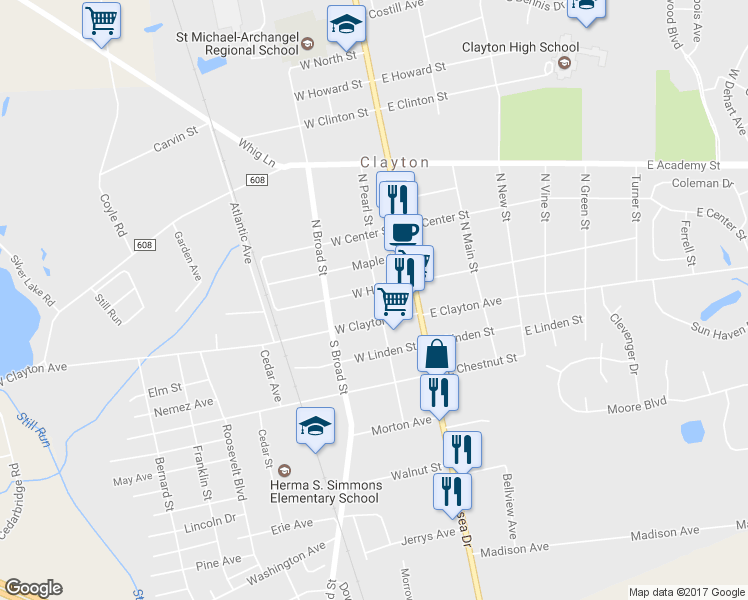 map of restaurants, bars, coffee shops, grocery stores, and more near 106 West High Street in Clayton