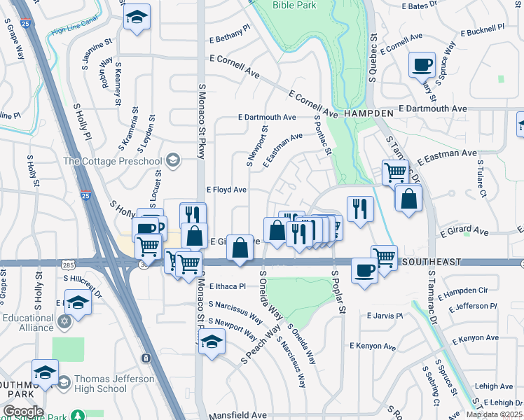 map of restaurants, bars, coffee shops, grocery stores, and more near 3364 South Oneida Way in Denver