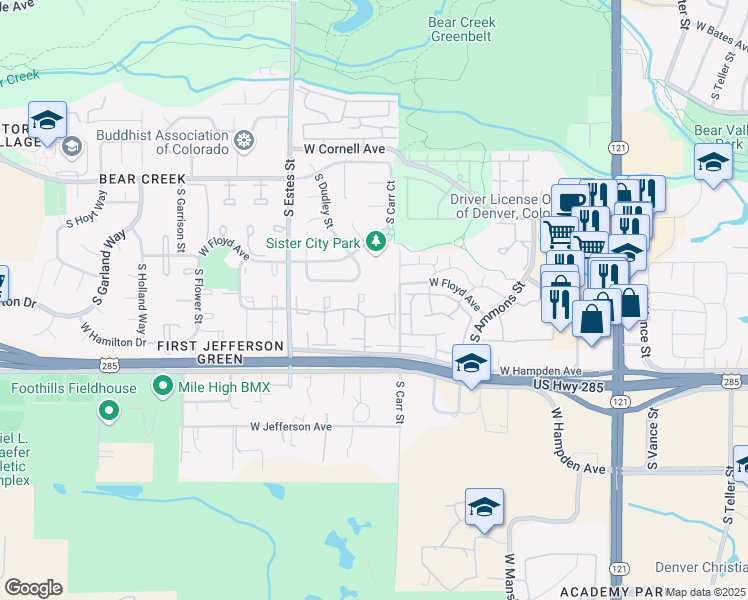 map of restaurants, bars, coffee shops, grocery stores, and more near 8465 West Hampden Avenue in Denver