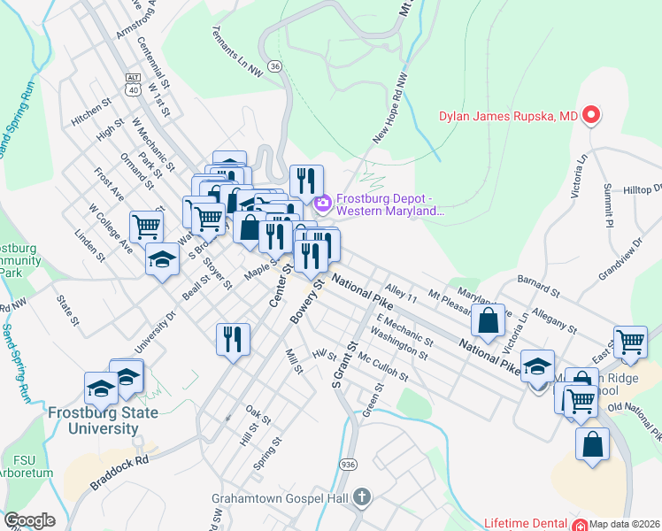 map of restaurants, bars, coffee shops, grocery stores, and more near 144 East Main Street in Frostburg