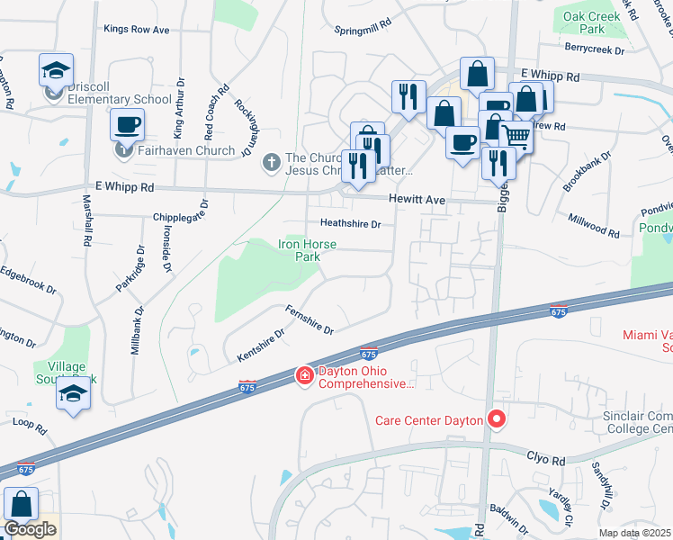 map of restaurants, bars, coffee shops, grocery stores, and more near 1115 Kentshire Drive in Dayton