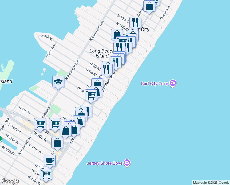 map of restaurants, bars, coffee shops, grocery stores, and more near 15 North 2nd Street in Surf City