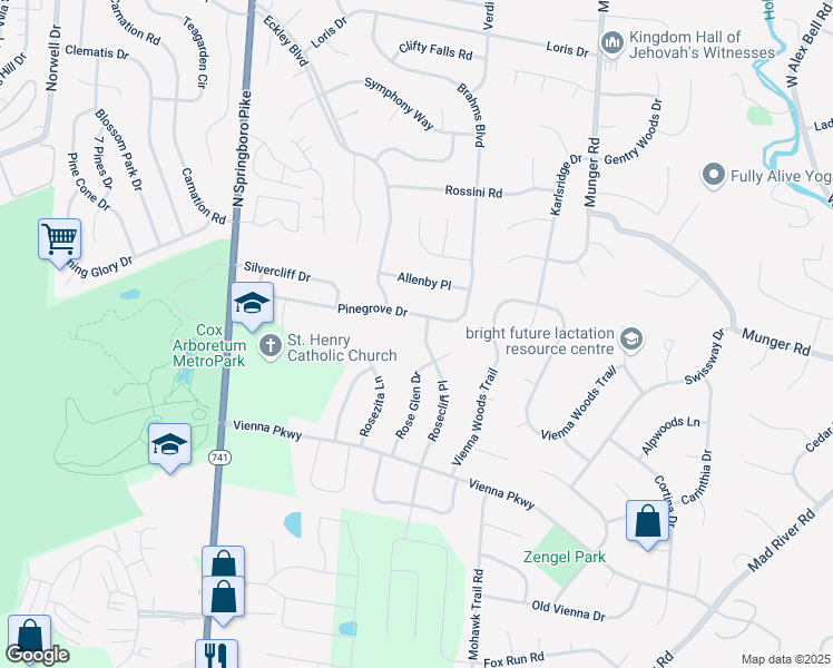 map of restaurants, bars, coffee shops, grocery stores, and more near 6625 Rosecliff Place in Dayton