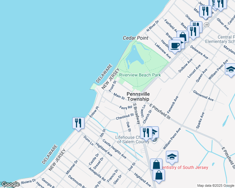 map of restaurants, bars, coffee shops, grocery stores, and more near 36 Main Street in Pennsville Township