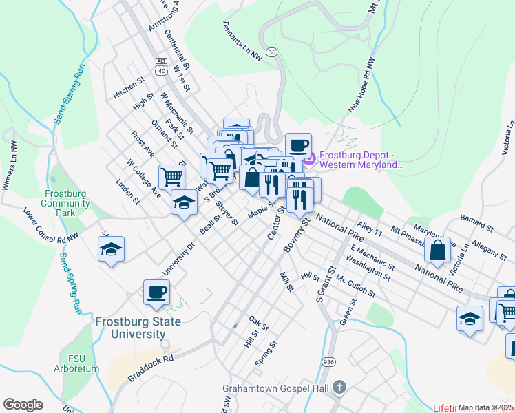 map of restaurants, bars, coffee shops, grocery stores, and more near 37 Maple Street in Frostburg