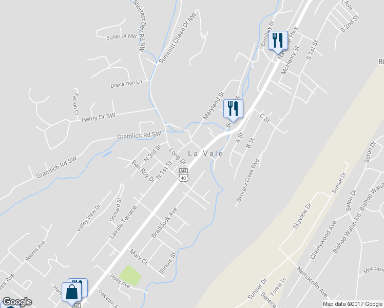 map of restaurants, bars, coffee shops, grocery stores, and more near 545 National Highway in La Vale