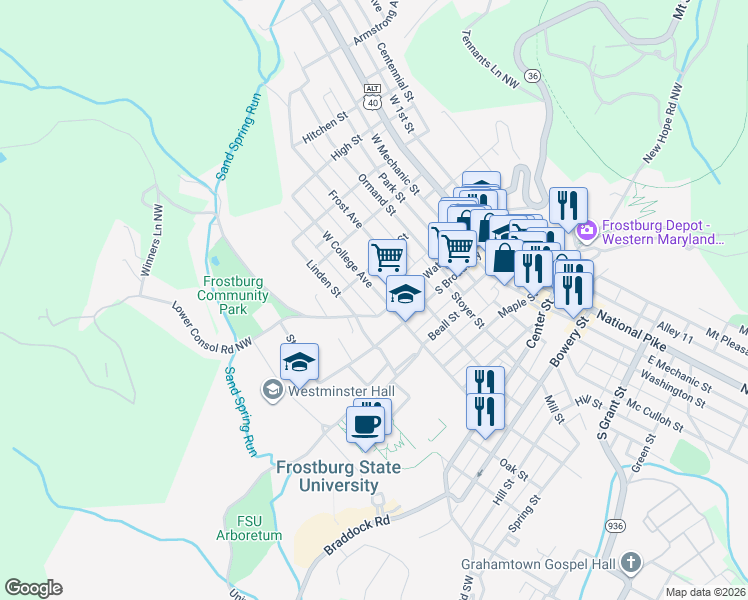 map of restaurants, bars, coffee shops, grocery stores, and more near 28 West College Avenue in Frostburg