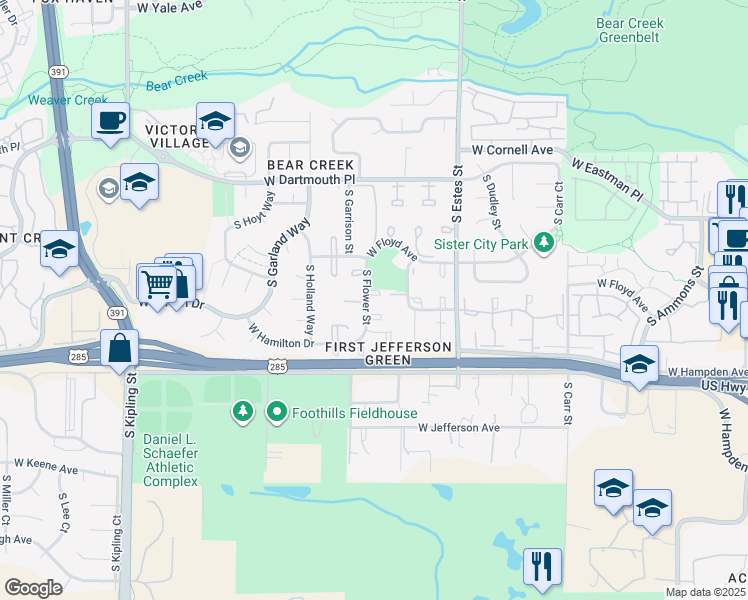 map of restaurants, bars, coffee shops, grocery stores, and more near 86 South Flower Street in Lakewood