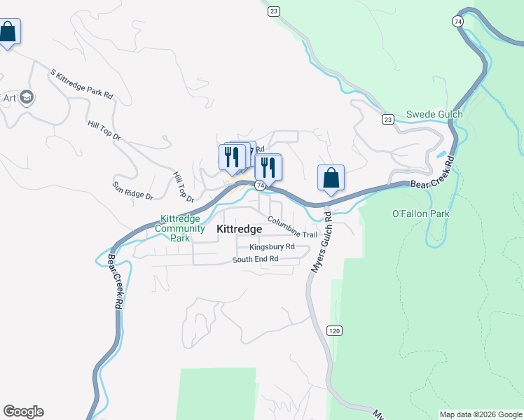 map of restaurants, bars, coffee shops, grocery stores, and more near 26235 Columbine Trail in Kittredge