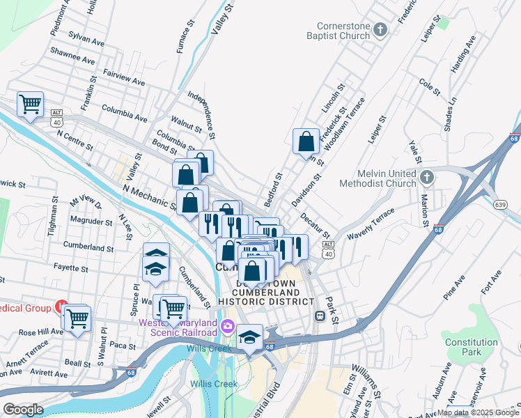 map of restaurants, bars, coffee shops, grocery stores, and more near 206 Bedford Street in Cumberland