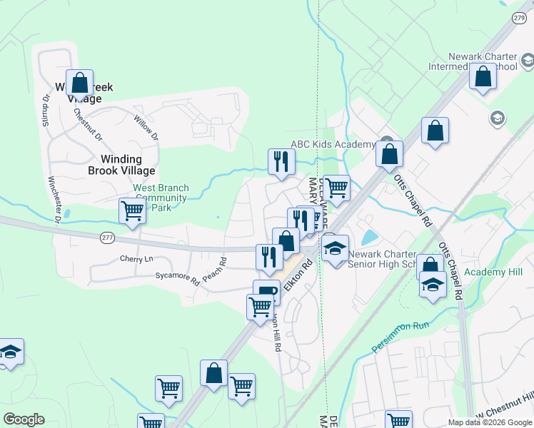 map of restaurants, bars, coffee shops, grocery stores, and more near 3 Buttonbush Court in Elkton