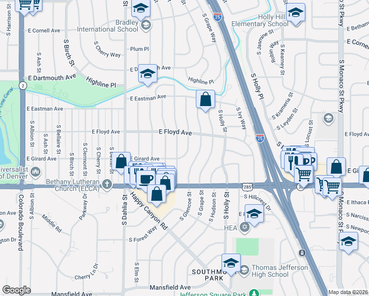 map of restaurants, bars, coffee shops, grocery stores, and more near 3369 South Flamingo Way in Denver