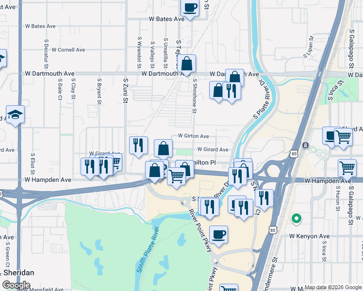 map of restaurants, bars, coffee shops, grocery stores, and more near 1905 West Girard Avenue in Englewood