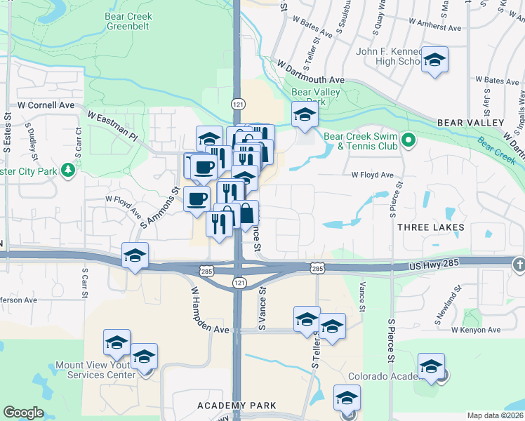 map of restaurants, bars, coffee shops, grocery stores, and more near 7309 West Hampden Avenue in Lakewood