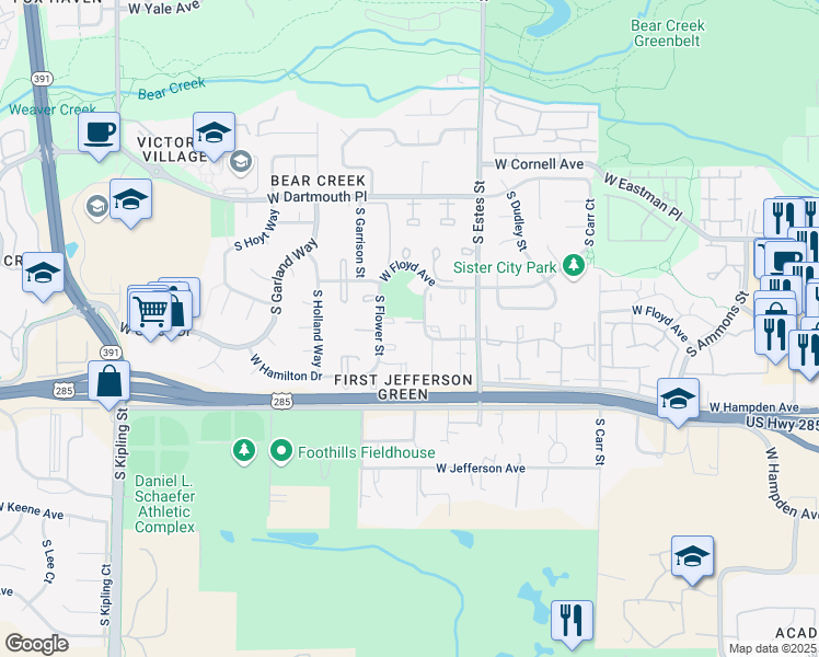 map of restaurants, bars, coffee shops, grocery stores, and more near 3324 South Field Street in Lakewood