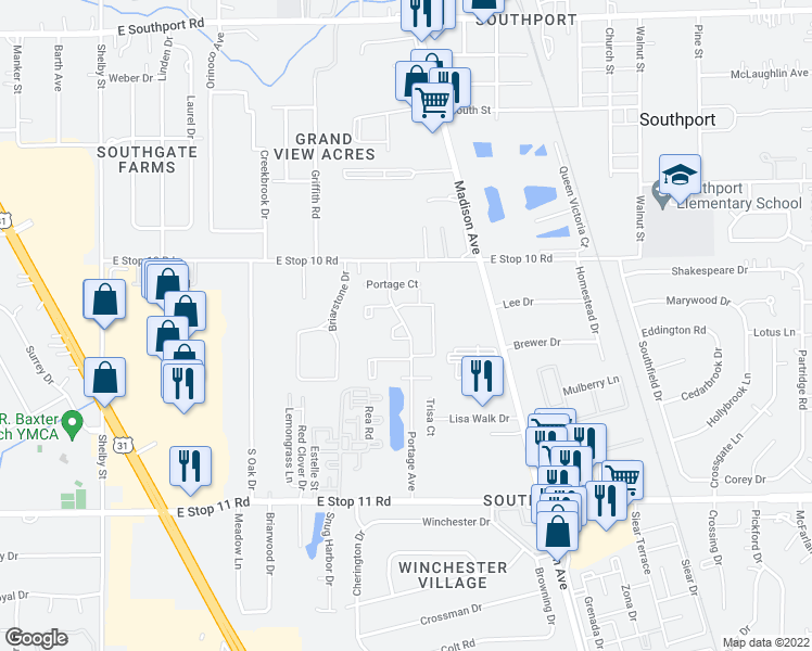 map of restaurants, bars, coffee shops, grocery stores, and more near 7629 Portage Avenue in Indianapolis