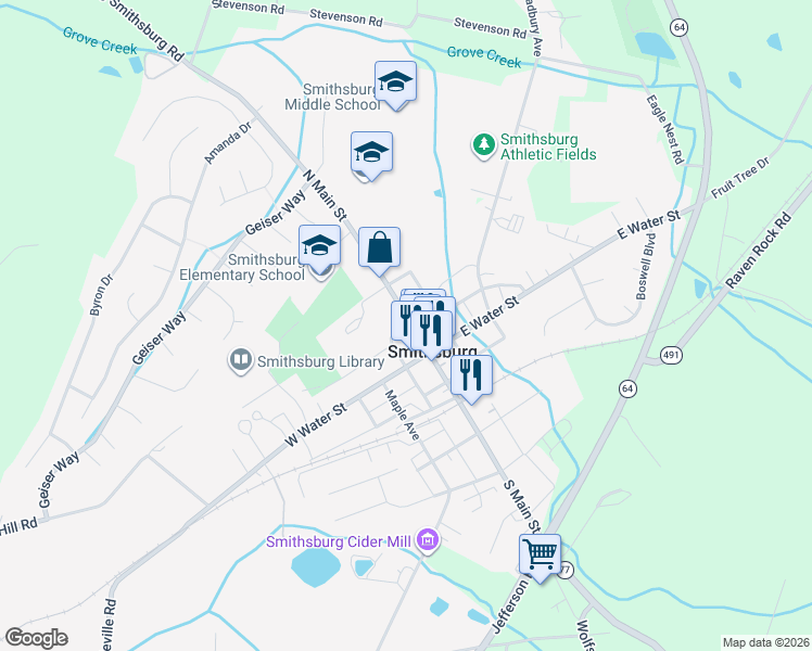 map of restaurants, bars, coffee shops, grocery stores, and more near 25 North Main Street in Smithsburg