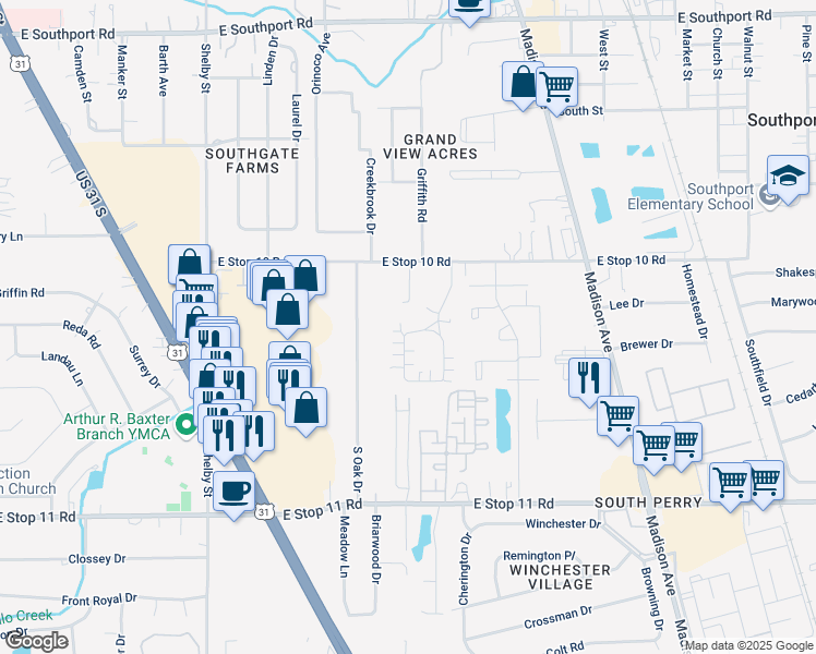 map of restaurants, bars, coffee shops, grocery stores, and more near 7642 Briarstone Lane in Indianapolis