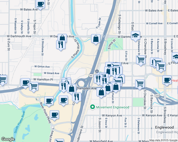 map of restaurants, bars, coffee shops, grocery stores, and more near 3345 South Santa Fe Drive in Englewood