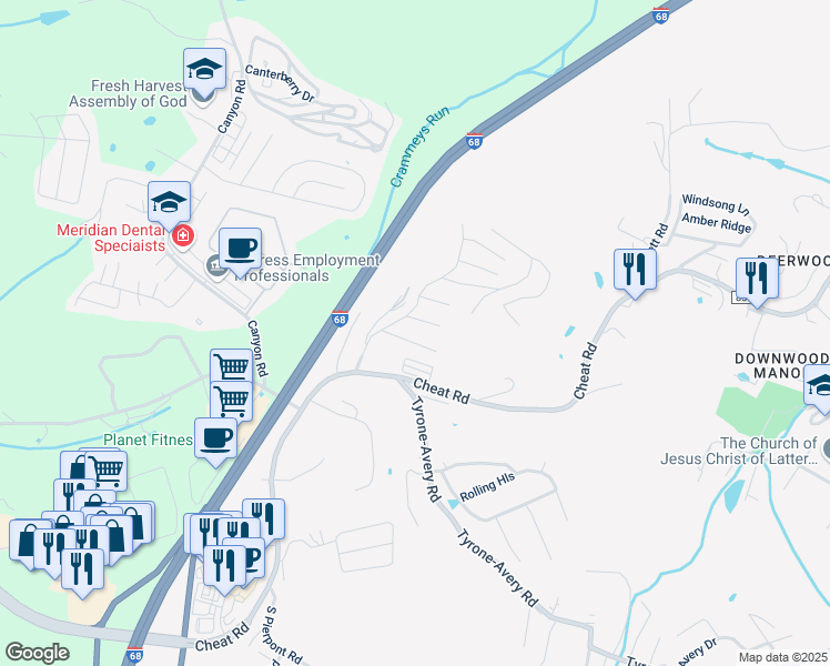 map of restaurants, bars, coffee shops, grocery stores, and more near 223 Rolling Hills Village in Morgantown