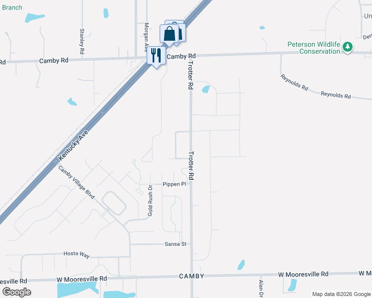 map of restaurants, bars, coffee shops, grocery stores, and more near 7415 Brushwood Road in Indianapolis