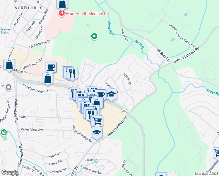 map of restaurants, bars, coffee shops, grocery stores, and more near 7 Catalpa Street in Morgantown
