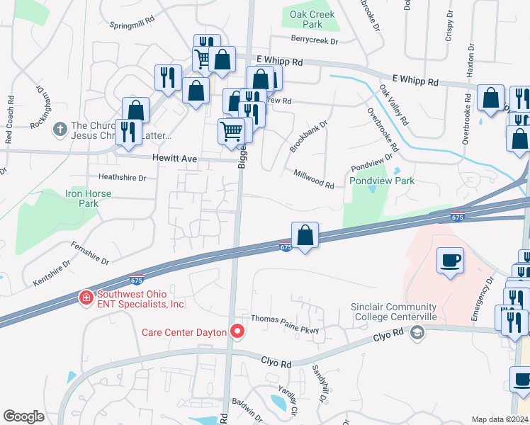 map of restaurants, bars, coffee shops, grocery stores, and more near 1670 Piper Lane in Dayton