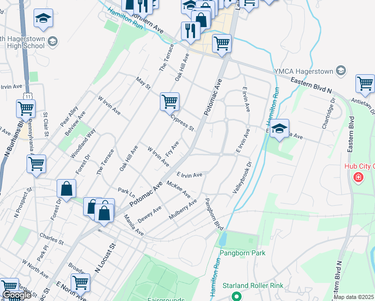 map of restaurants, bars, coffee shops, grocery stores, and more near 1173 Potomac Avenue in Hagerstown
