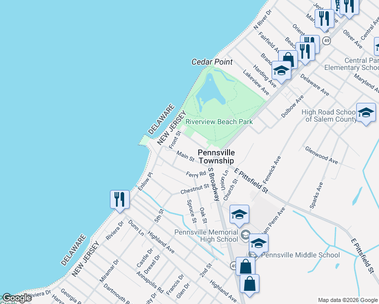 map of restaurants, bars, coffee shops, grocery stores, and more near 36 Main Street in Pennsville