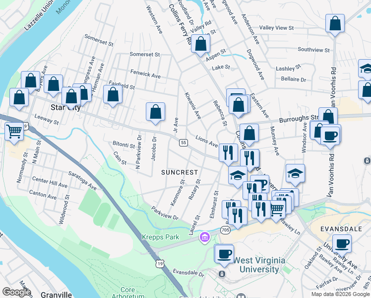 map of restaurants, bars, coffee shops, grocery stores, and more near 396 Kenmore Street in Morgantown