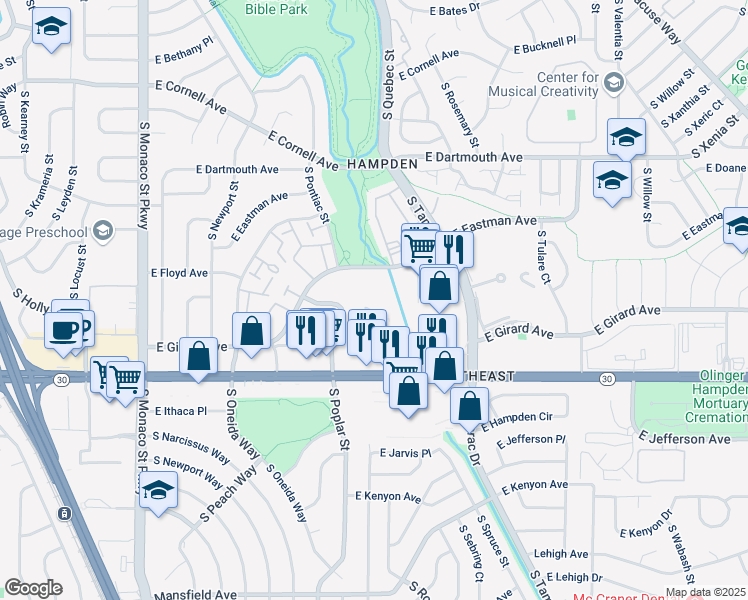 map of restaurants, bars, coffee shops, grocery stores, and more near 7777 East Hampden Avenue in Denver