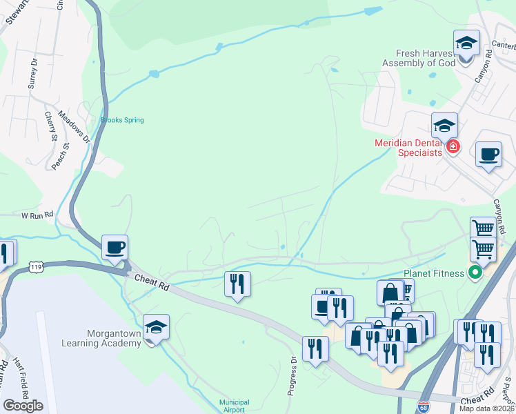 map of restaurants, bars, coffee shops, grocery stores, and more near 34 Harley Drive in Morgantown