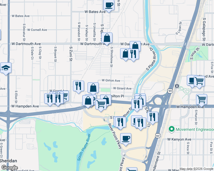 map of restaurants, bars, coffee shops, grocery stores, and more near 1905 West Girard Avenue in Englewood