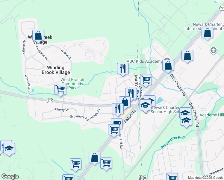 map of restaurants, bars, coffee shops, grocery stores, and more near 3 Buttonbush Court in Elkton