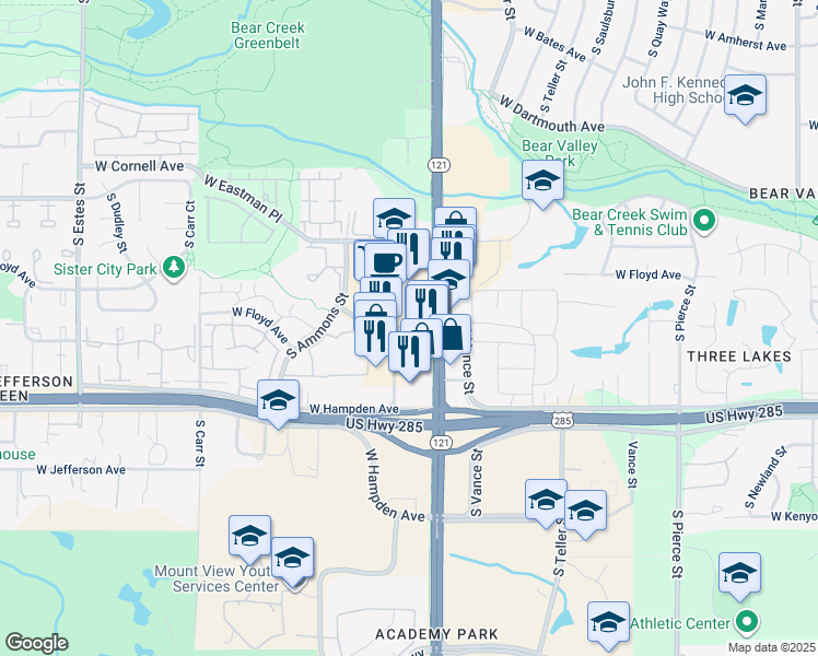 map of restaurants, bars, coffee shops, grocery stores, and more near 7729 West Girton Avenue in Lakewood